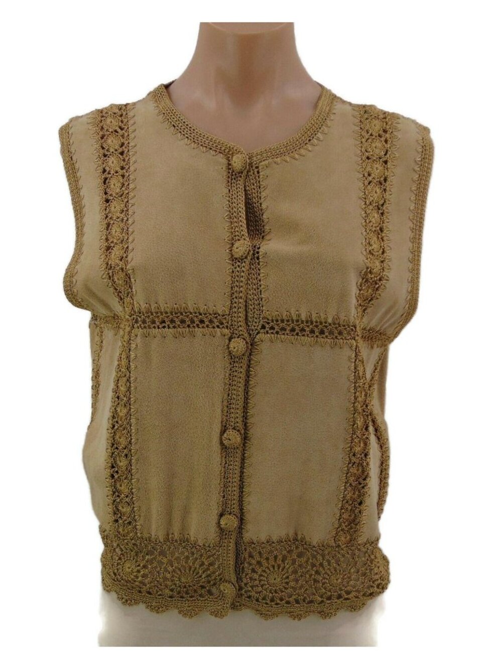 Scully Suede Shimmer Lace Vest M Patchwork Crochet Sleeveless Button Festival